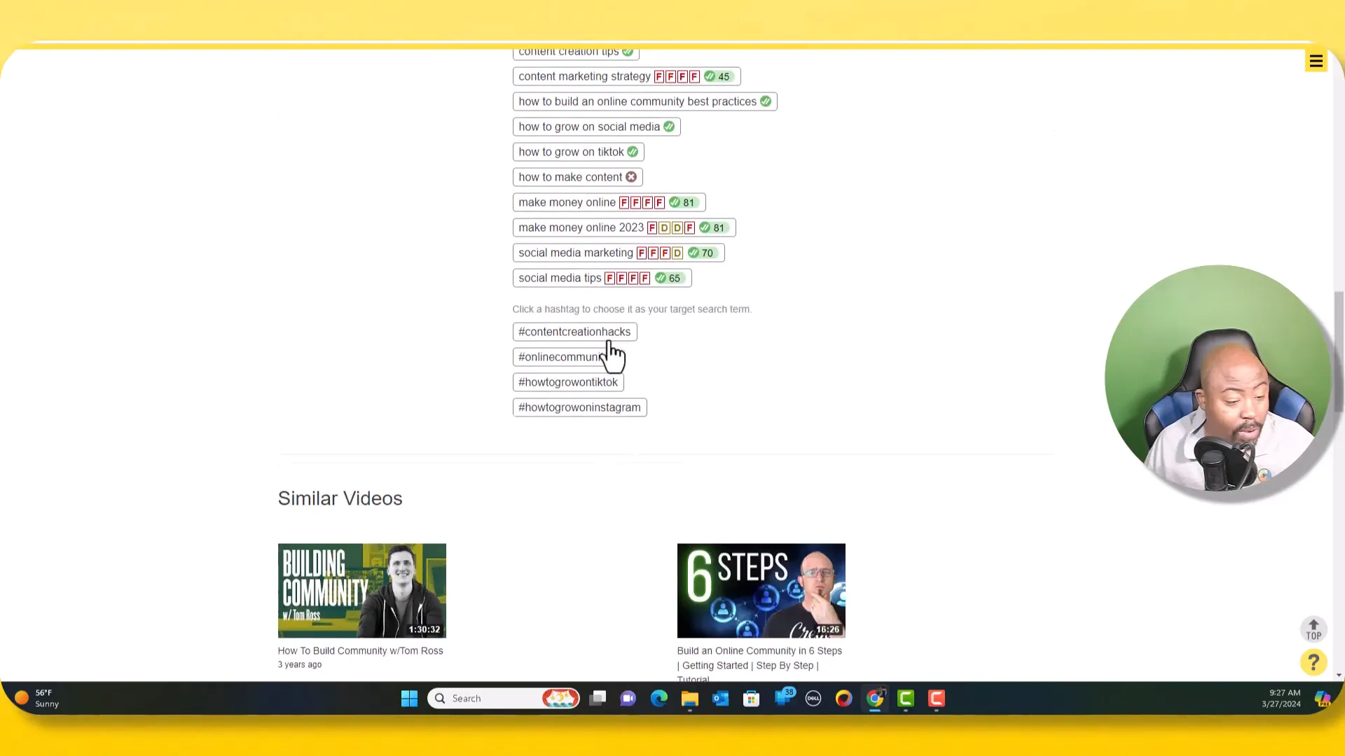 Keyword research tool showing keyword scores