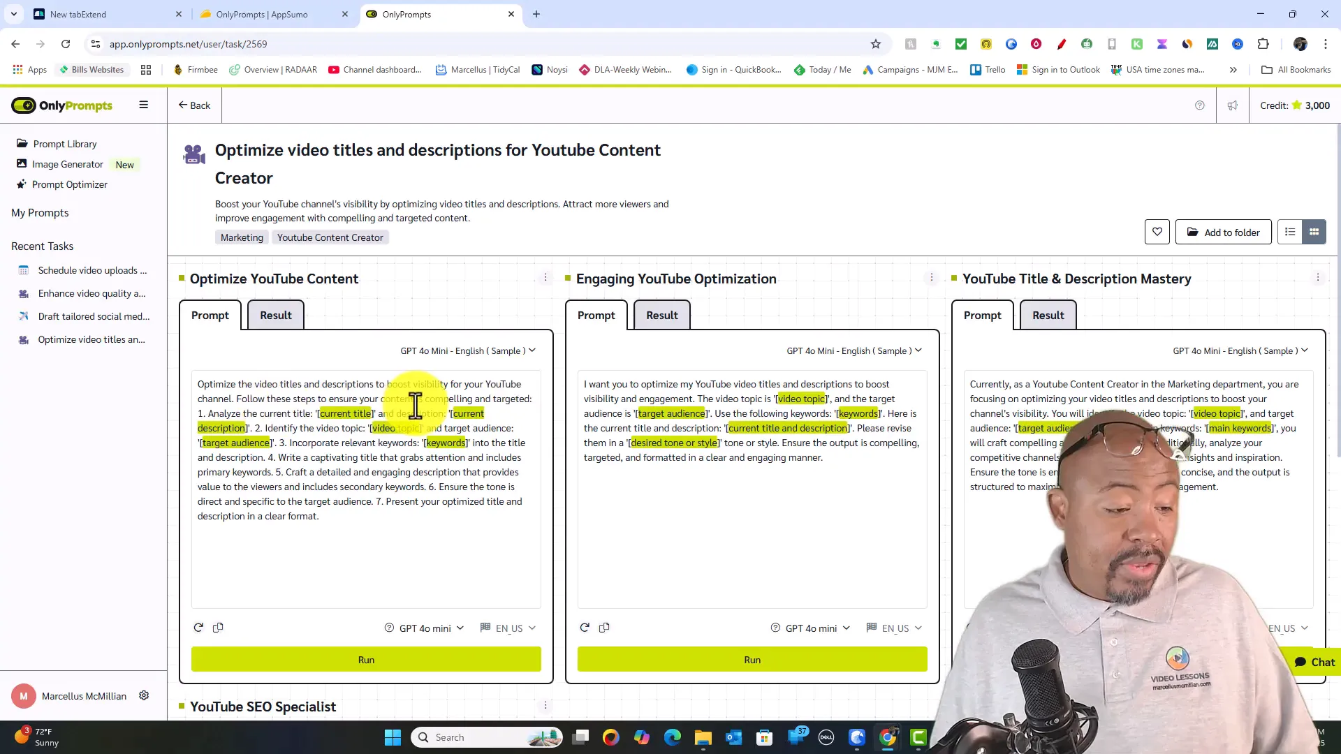 YouTube title and description optimization interface