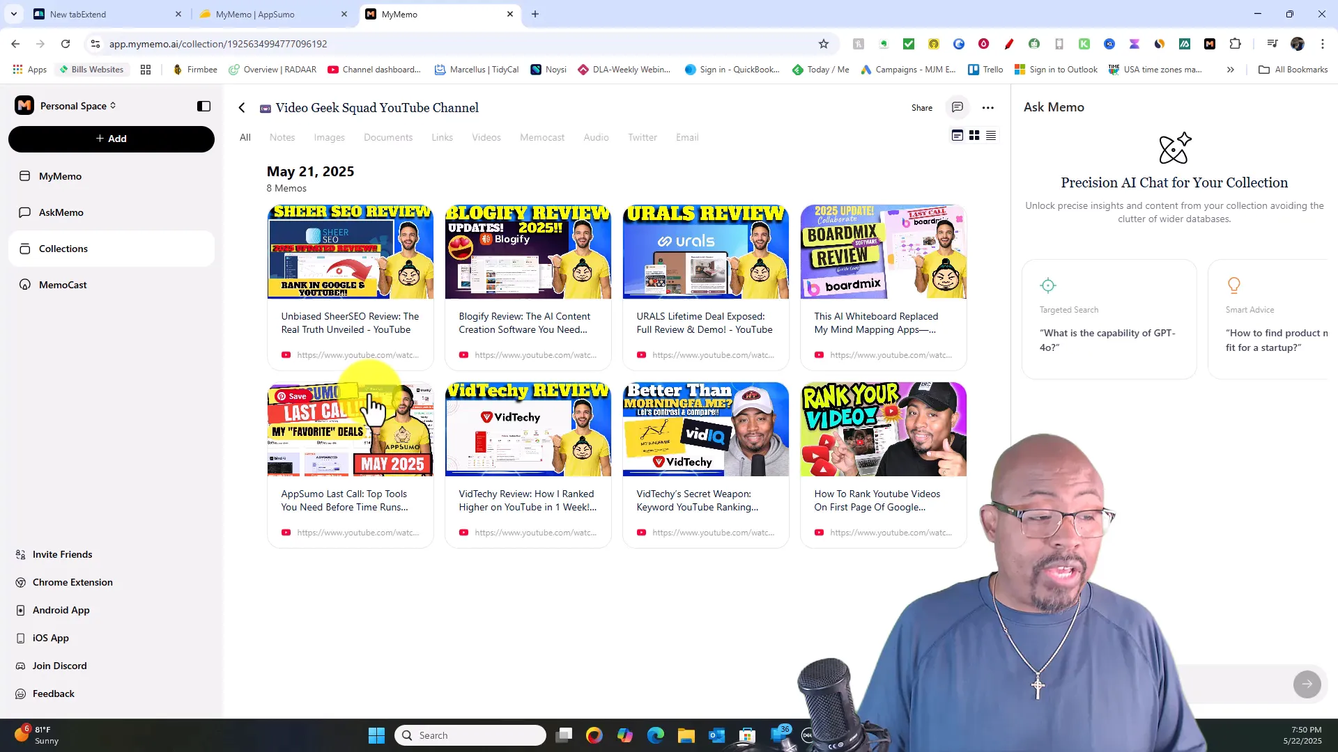 MyMemo AI collections feature with YouTube channel videos uploaded