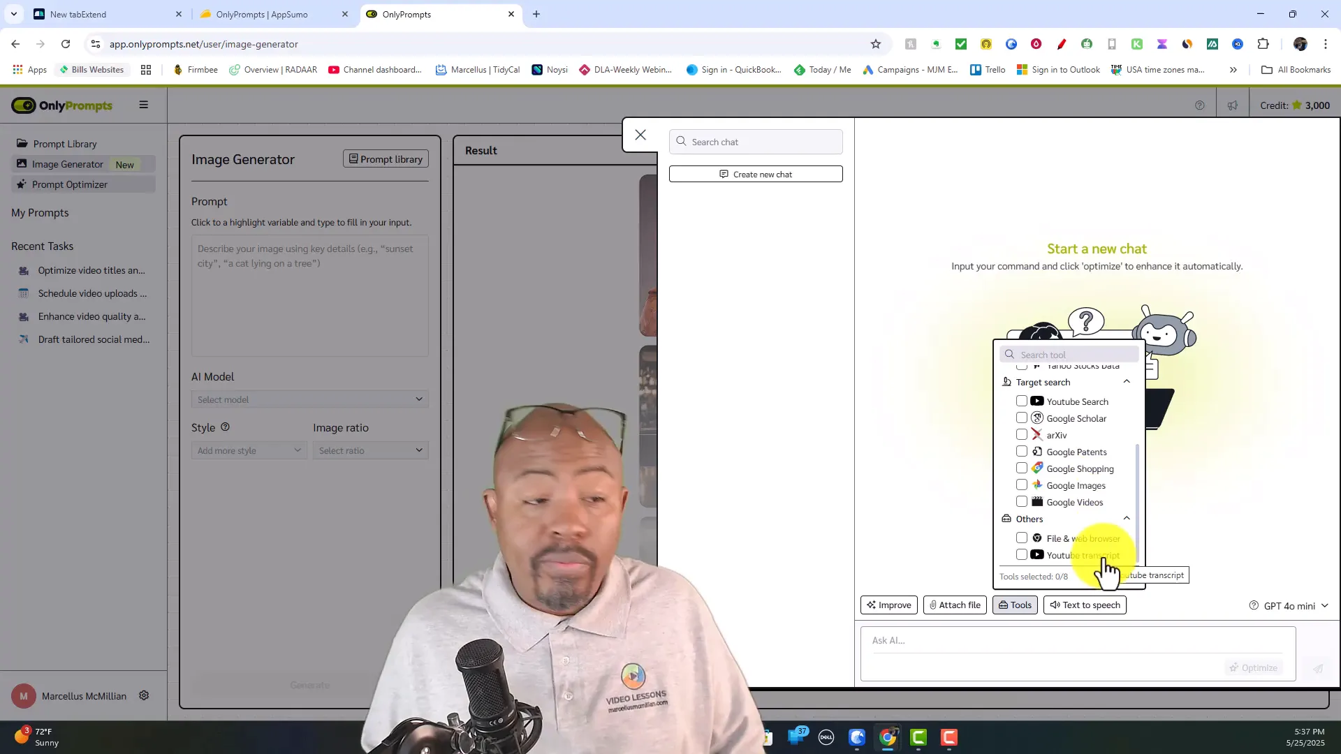 OnlyPrompts additional tools including Google and YouTube search