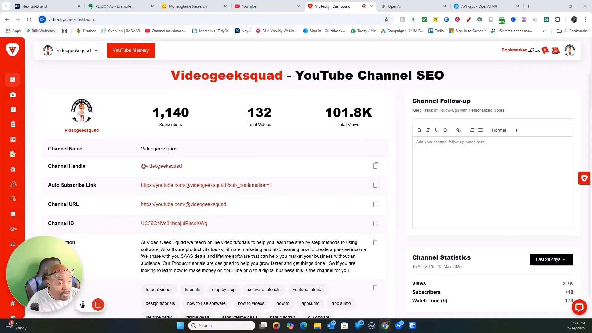 Vidtechy main dashboard with channel overview and checklist