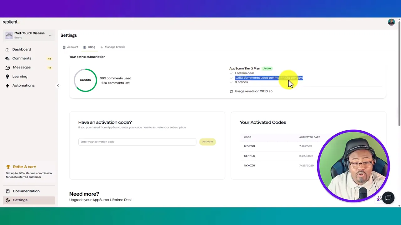 Replient plan detail showing 1,050 comments per month cap
